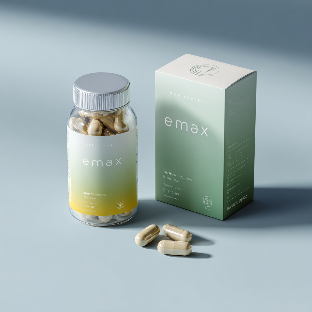 Emax kapsule - prírodný doplnok stravy pre podporu mužskej vitality, elegantné fialové balenie s moderným dizajnom, kvalitné kapsule v blisteroch